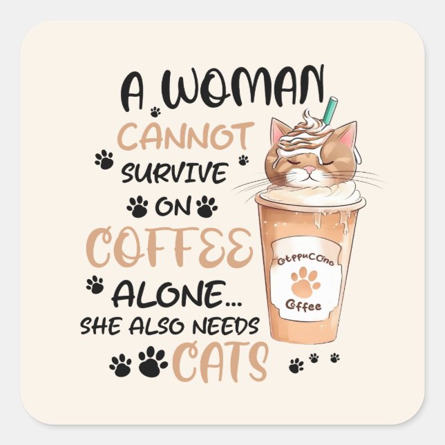 Coffee & Cats – Cute Kawaii Art Square Sticker (Front)