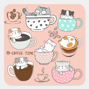 Coffee Cats Funny Square Sticker