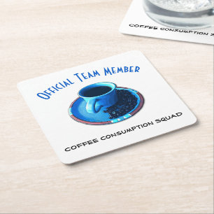 Coffee Consumption Squad Blue Cup and Saucer Square Paper Coaster