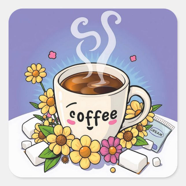 Coffee, Cream and Flower Whimsical Cartoon Square Sticker (Front)