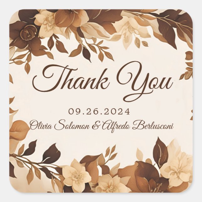 Coffee & Cream Autumn Floral Theme Wedding invite  Square Sticker (Front)