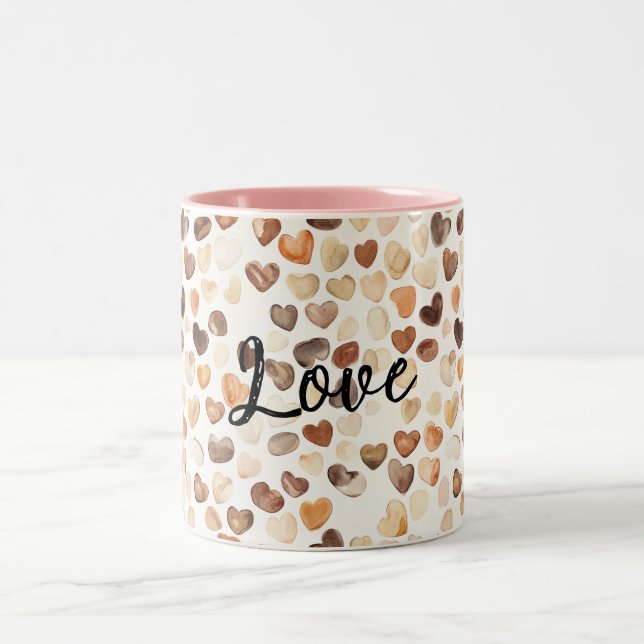 Coffee Cream Brown Peach Hearts Two-Tone Coffee Mug (Center)