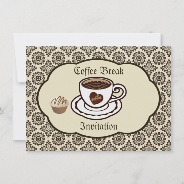 Coffee cup, cake on a damask pattern Party Invite (Front)
