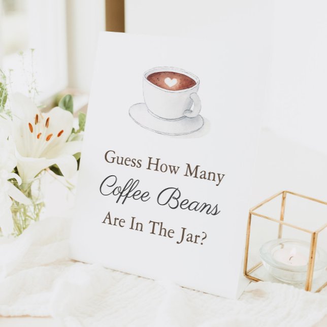 Coffee Cup Guess How Many In Jar Baby Shower Game Pedestal Sign (Guess how many coffee beans watercolor coffee cup baby shower or wedding shower game)
