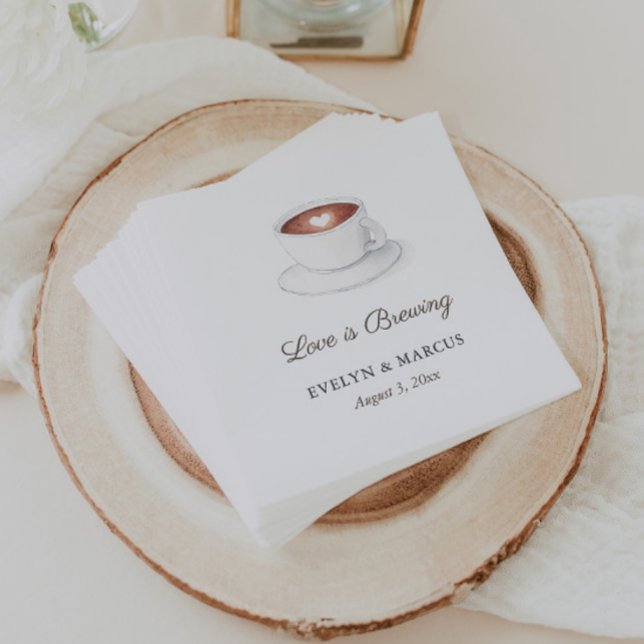 Coffee Cup Love Is Brewing Couples Wedding Shower Napkin (Love is brewing watercolor coffee cup bridal shower or wedding shower napkins)
