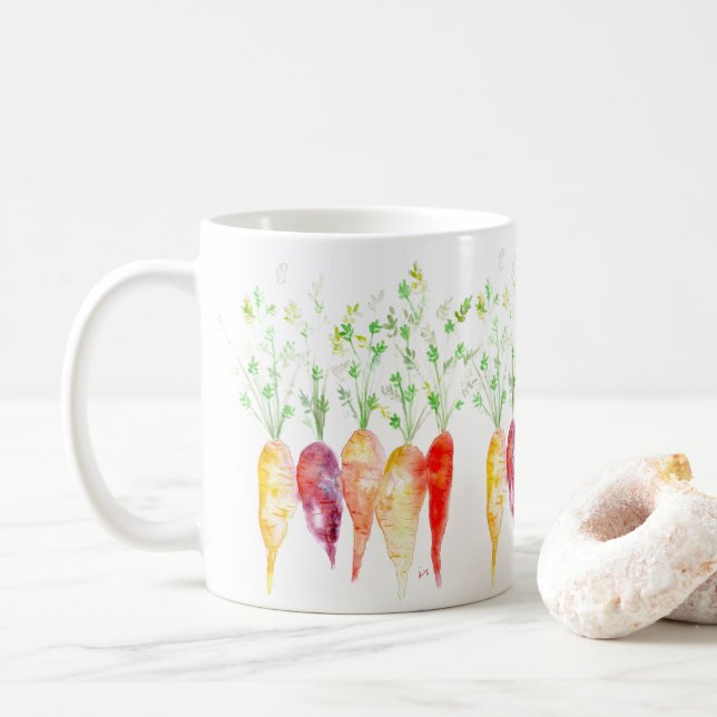Coffee Cup Mug - Watercolor Heirloom Carrots (With Donut)