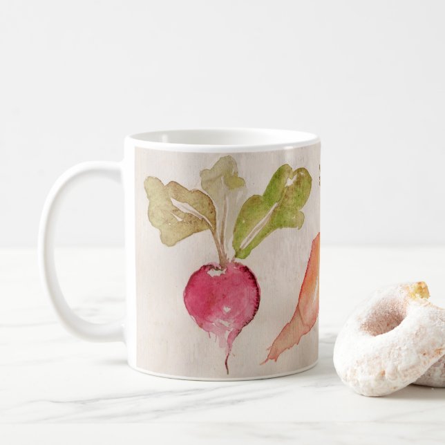 Coffee Cup Mug - Watercolor Radish, Carrot, Beet (With Donut)