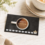 Coffee Cup on Black Wood Coffee Shop Loyalty Card<br><div class="desc">A photo of a coffee cup on black woodgrain holds your business name in a stylised text treatment on this unique punch card. Please contact the designer if you need help with longer names or alternate text layouts. The coffee cup photo and your offering is on the backside. This design...</div>