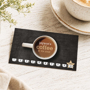 Coffee Cup on Black Wood Coffee Shop Loyalty Card