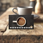 Coffee Cup on Black Wood Coffee Shop Loyalty Card<br><div class="desc">A photo of a coffee cup on black woodgrain holds your business name in a stylised text treatment on this unique punch card. Please contact the designer if you need help with longer names or alternate text layouts. The coffee cup photo and your offering is on the backside. This design...</div>