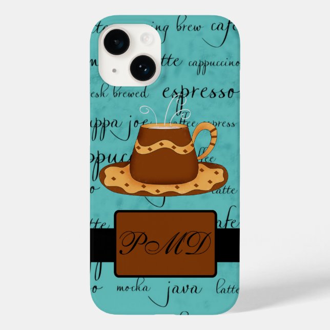 Coffee Cup Script Monogram Name Turquoise Case-Mate iPhone Case (Back)