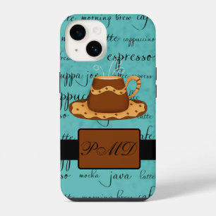 Coffee Cup Script Monogram Name Turquoise iPhone 14 Case