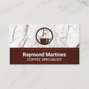 Coffee Cup Steaming   Marble and Stitched Leather Business Card