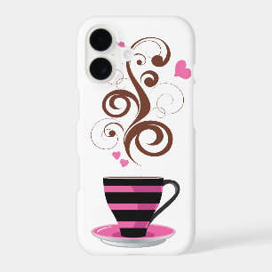 Coffee Cup, Swirls, Hearts - Pink Black Brown