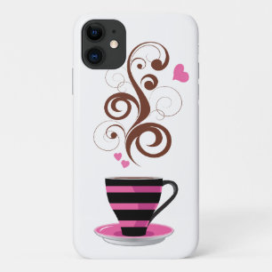 Coffee Cup, Swirls, Hearts - Pink Black Brown iPhone 11 Case