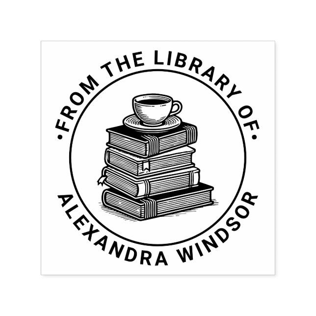 Coffee Cup Tea Cup on Book Stack Library Book Name Self-inking Stamp (Design)