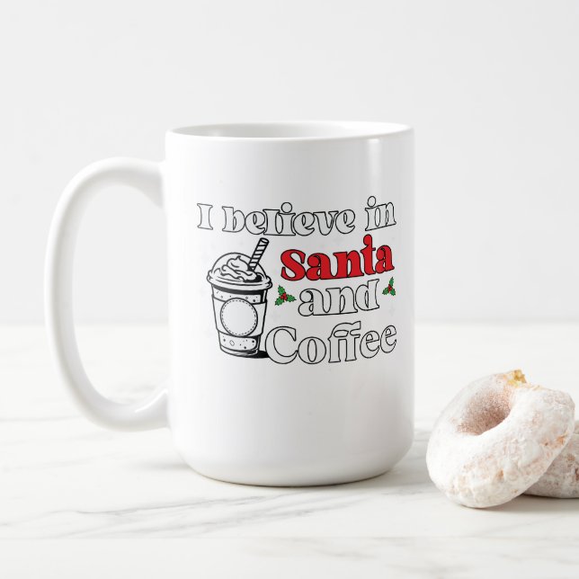 Coffee Cup With Christmas Sayings About Santa (With Donut)
