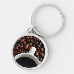 Coffee Cup with Coffee, Coffee Beans Background Key Ring