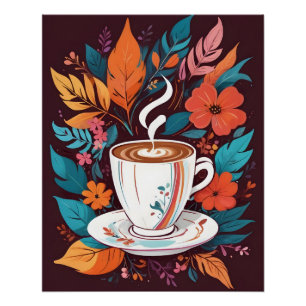Coffee Cup with Colourful Leaves Poster