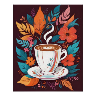 Coffee Cup with Colourful Leaves Poster