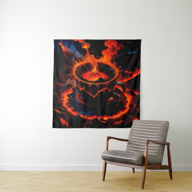 Coffee Cup with Volcano Eruption Inside Tapestry (In Situ)