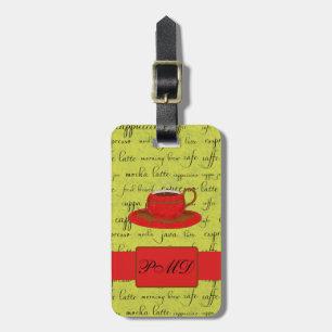 Coffee Cup & Words Lime Green & Red Monogrammed Luggage Tag