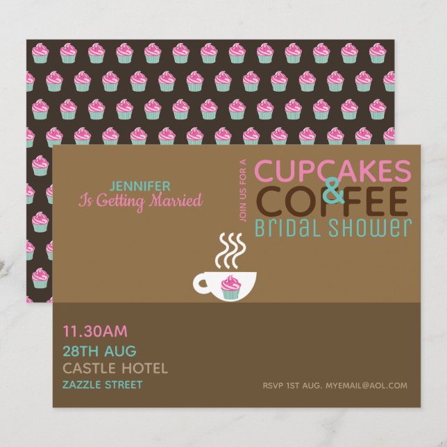 COFFEE CUPCAKES Bridal Shower Invitation Pink Choc (Front/Back)
