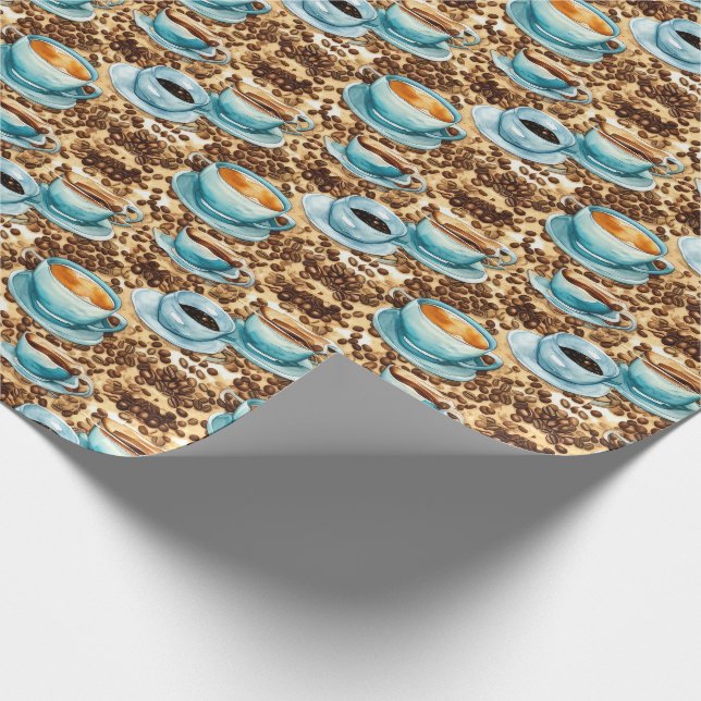 Coffee Cups And Beans Watercolor Pattern Wrapping Paper (Corner)