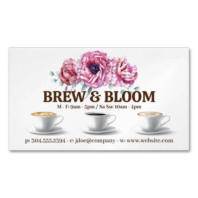 Coffee Cups and Flowers Magnetic Business Card (Front)