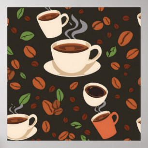 Coffee Cups Beans Morning Pattern Poster