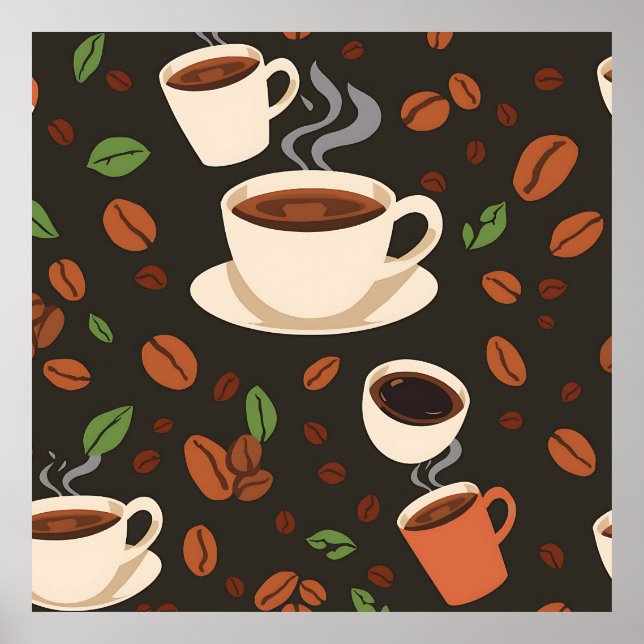Coffee Cups Beans Morning Pattern Poster (Front)
