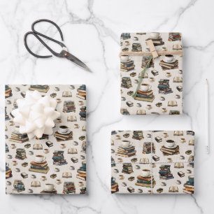 Coffee Cups & Books on Beige Wrapping Paper Sheet