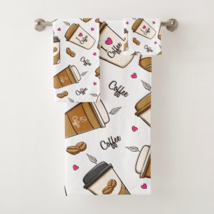 Coffee Cups, Coffee Beans, Coffee Lover, Hearts Bath Towel Set