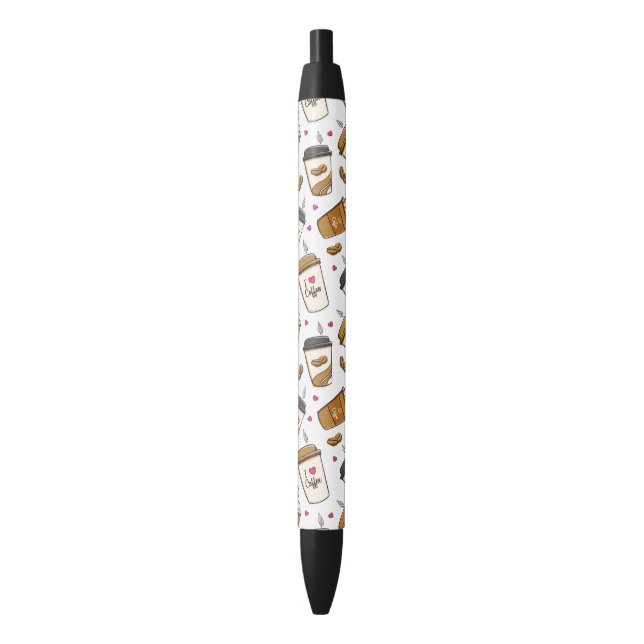 Coffee Cups, Coffee Beans, Coffee Lover, Hearts Black Ink Pen (Front Vertical)