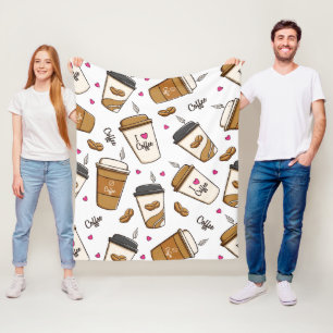 Coffee Cups, Coffee Beans, Coffee Lover, Hearts Fleece Blanket