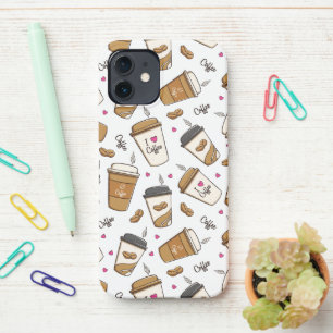 Coffee Cups, Coffee Beans, Coffee Lover, Hearts iPhone 12 Case