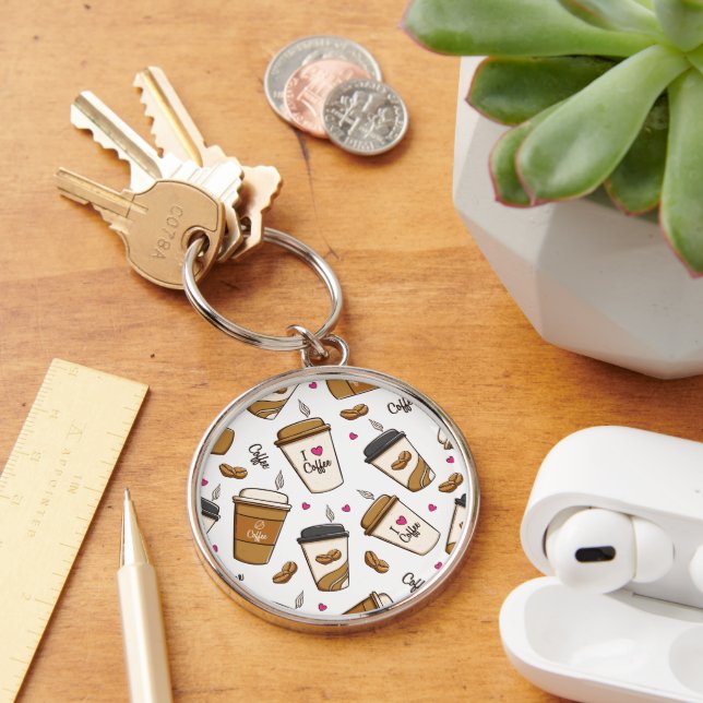 Coffee Cups, Coffee Beans, Coffee Lover, Hearts Key Ring (Desk)