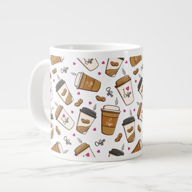 Coffee Cups, Coffee Beans, Coffee Lover, Hearts Large Coffee Mug (Front Left)