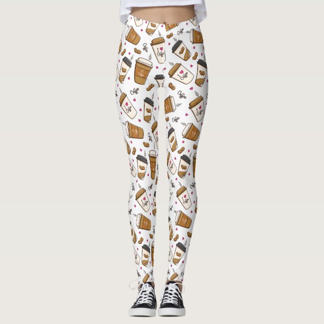 Coffee Cups, Coffee Beans, Coffee Lover, Hearts Leggings (Front)