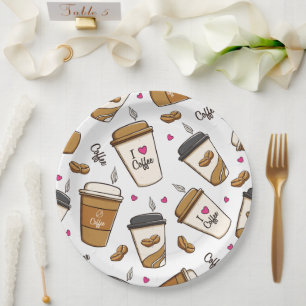 Coffee Cups, Coffee Beans, Coffee Lover, Hearts Paper Plate