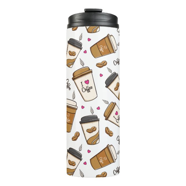 Coffee Cups, Coffee Beans, Coffee Lover, Hearts Thermal Tumbler (Front)