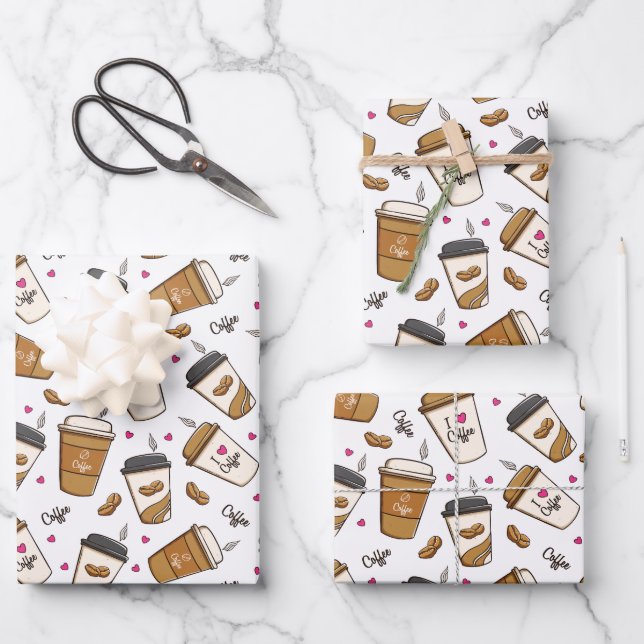 Coffee Cups, Coffee Beans, Coffee Lover, Hearts Wrapping Paper Sheet (Front)