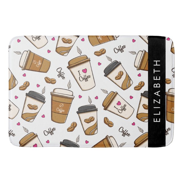 Coffee Cups, Coffee Beans, Coffee Lover, Your Name Bath Mat (Front)