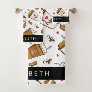 Coffee Cups, Coffee Beans, Coffee Lover, Your Name Bath Towel Set