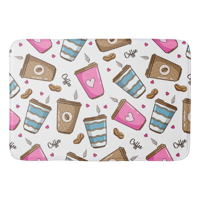 Coffee Cups, Coffee Beans, Hearts, Coffee Lover Bath Mat (Front)