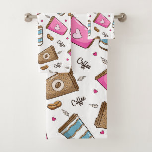 Coffee Cups, Coffee Beans, Hearts, Coffee Lover Bath Towel Set