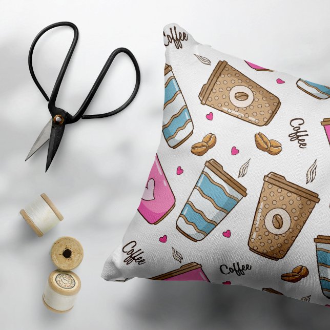 Coffee Cups, Coffee Beans, Hearts, Coffee Lover Decorative Cushion (Creator Uploaded)
