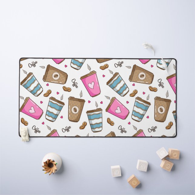 Coffee Cups, Coffee Beans, Hearts, Coffee Lover Desk Mat (Kids Table)