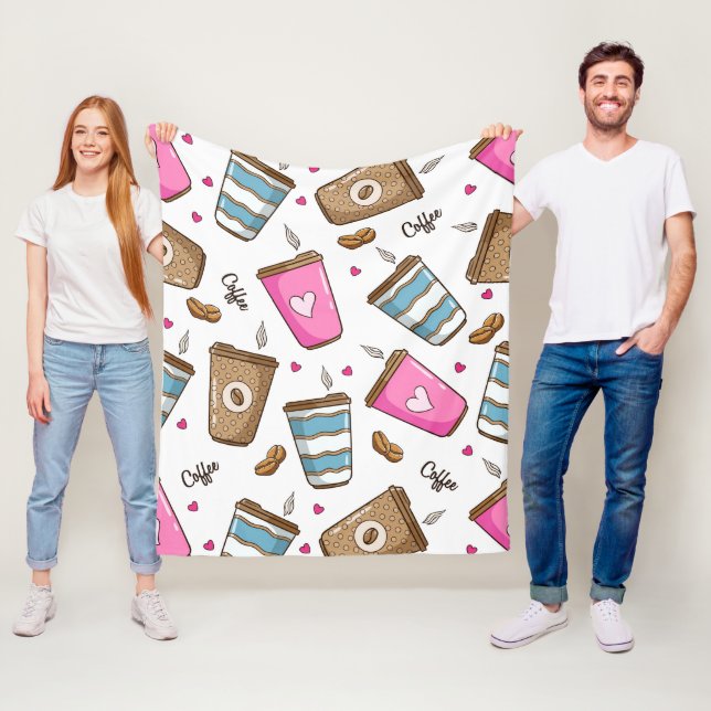 Coffee Cups, Coffee Beans, Hearts, Coffee Lover Fleece Blanket (In Situ)