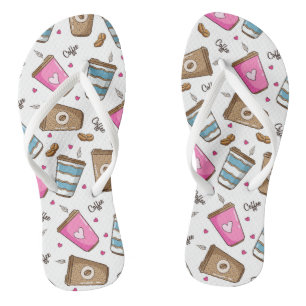 Coffee Cups, Coffee Beans, Hearts, Coffee Lover Flip Flops